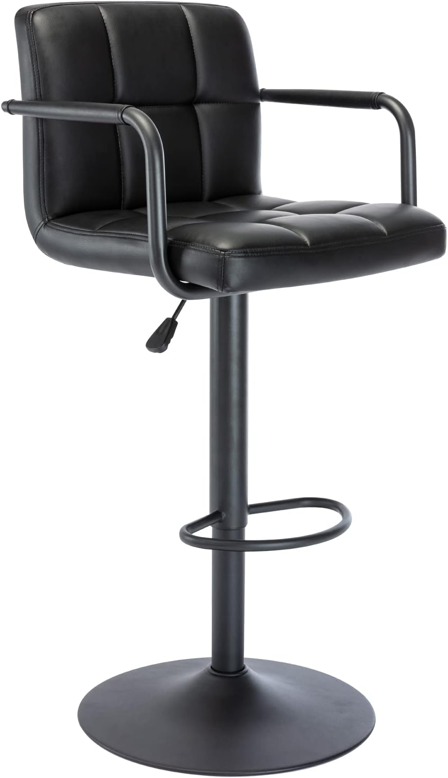 Modern PU Leather Square Bar Stool, Adjustable Swivel Barstool with Back and Arms, Airlift Counter Height Chair for Kitchen Dining Pub Cafe, 1 Chair (Black, Black Base)