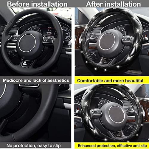 Xizopucy Diamond Leather Bling Steering Wheel Cover, Universal Car Steering Wheel Protector With Crystal Rhinestones Anti-Slip Soft Interior Accessories For Women And Girl Fit 15 Inch -Black #TOP2