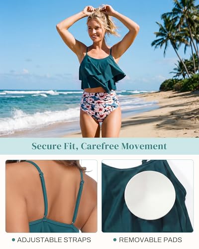 Image of Bathing Suits for Women High Waisted Swimsuits Tummy Control Two Piece Tankini Ruffled Top with Swim Bottom Bathing Suits