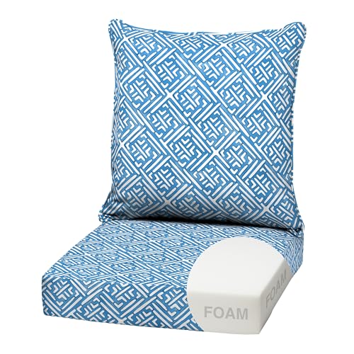 Image of Arden Outdoor Deep Seat Cushion Set, Foam, 22x24, Amalfi Blue Tile | Sofa, Couch, Conversation Set, Premium High-Density Foam, Never Flattens, Mold and Mildew Resistant