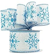 MEEDEE Blue Snowflake Ribbon White Ribbon with Blue Glitter Snowflake Ribbon 2.5 Inch Christmas W...