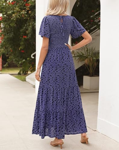 Image of Kranda Women 2025 Summer Fall Crewneck Short Sleeve Smocked Floral Maxi Dress