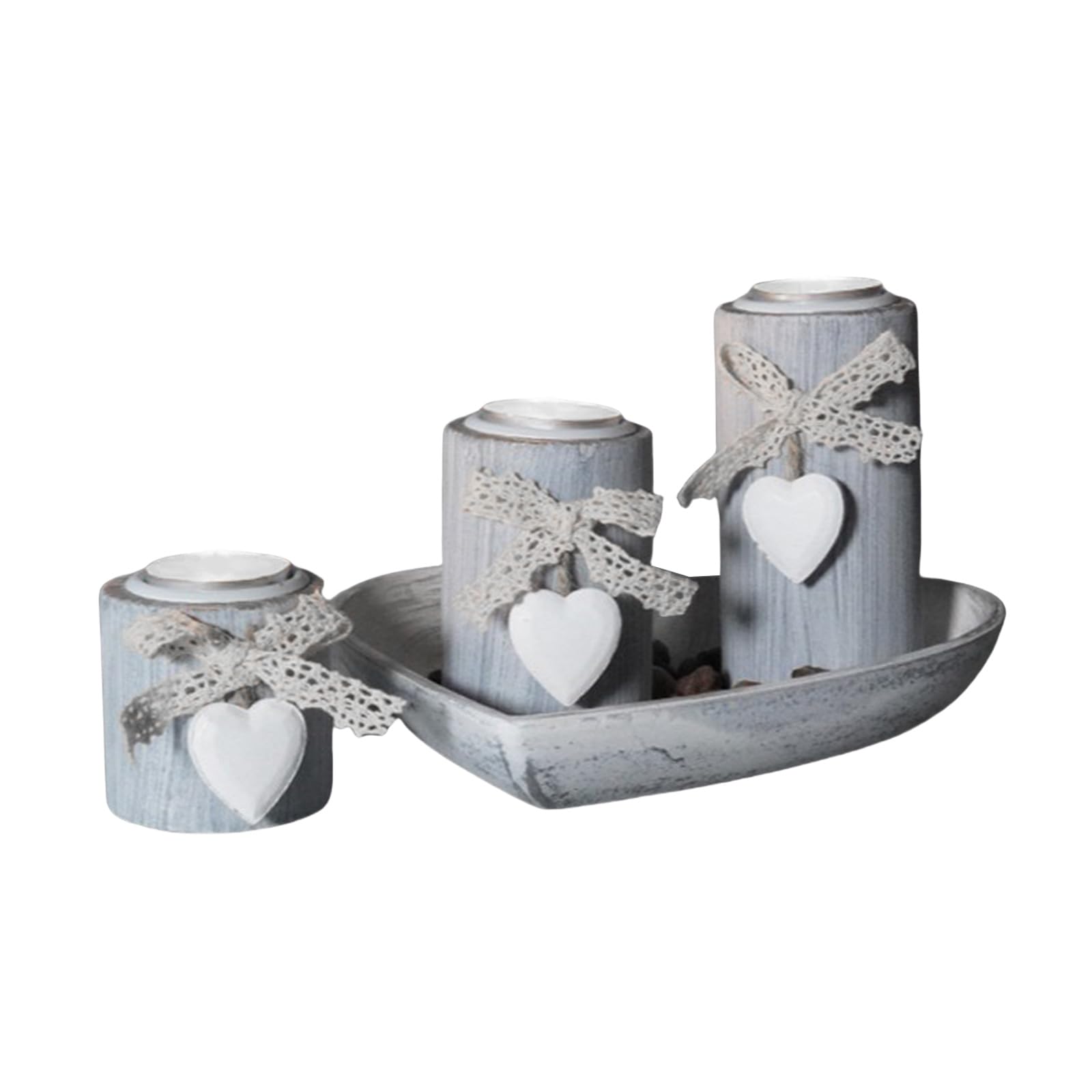 Fhsqwernm Gray 3Pcs Wood Candlestick Set Tealight Holders With Romantics Heart Designs Tray And Bows Decoration For Centerpieces Romantics Home Decors Holders