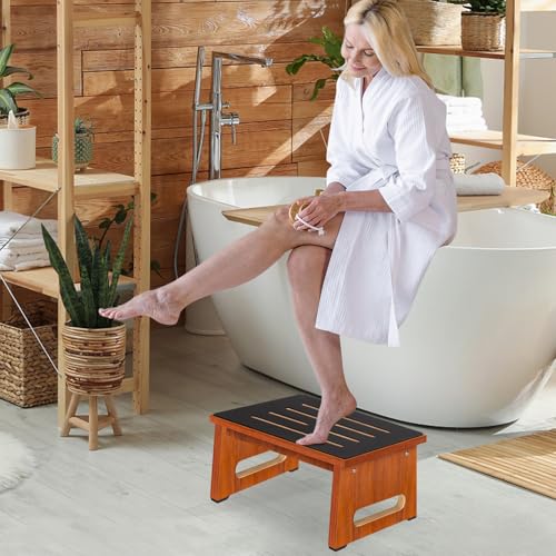 Image of One Step Stool for Adults Seniors with Non-Slip Rubber Stepping Feet, Heavy Duty Wooden Step Stool, 8.7 in Portable Bed Steps for High Beds for Bathroom, Bedroom, Kitchen & Bedside Kids Support