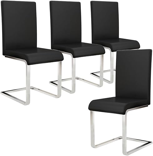 SHGJ&SOFT Juego de 4 sillas de comedor modernas, tapizadas de piel sintética negra con base de trineo de metal, sillas laterales sin brazos con