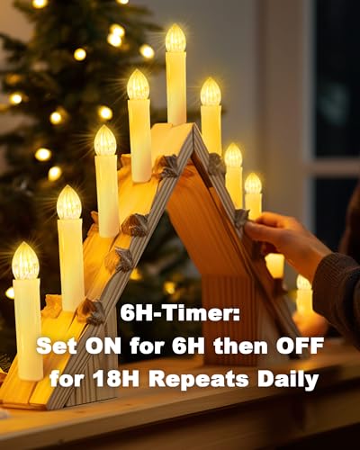 Raycare Lot de 10 bougies de fenêtre LED sans flamme avec minuteur à distance, bougies coniques sans flamme à piles, lumière blanche chaude vacillante avec clips/ventouses pour Noël, Halloween – Image 3