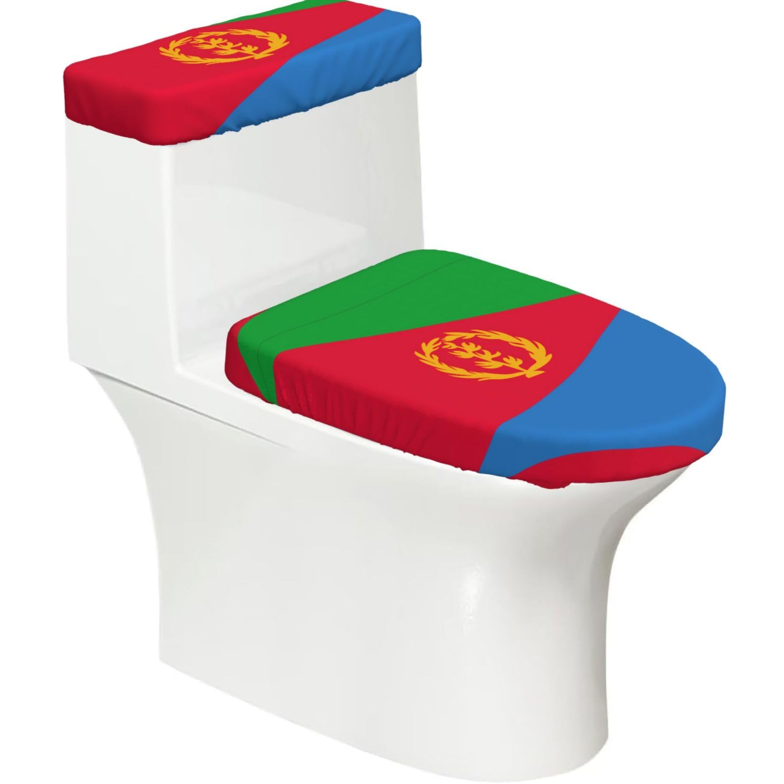 Eritrean Flag Elastic Toilet Cover Set of 2-Stretchy Lid and Tank Covers for Bathroom, Soft Washable U Shape Toilet Decor