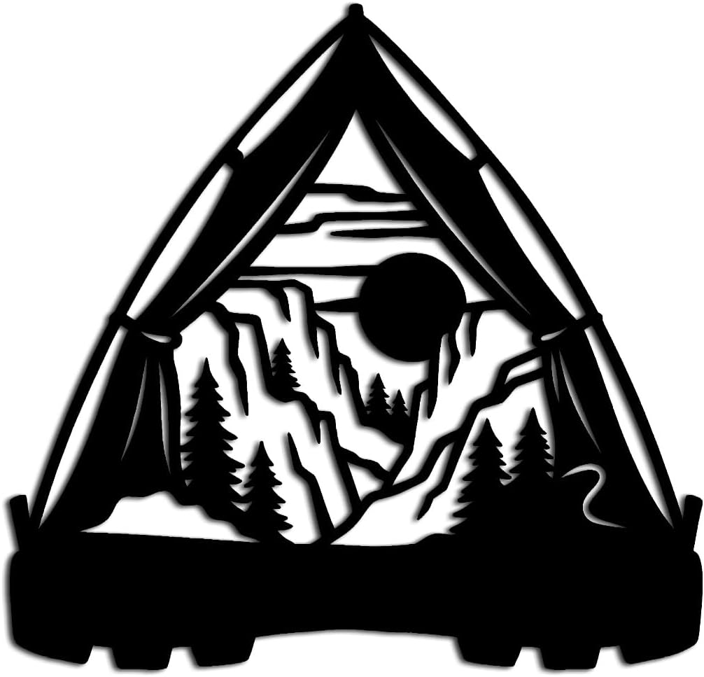Camping Tent Mountain Forest Metal Wall Art Decor Outdoor Decor Metal Signs Modern Minimalist Aesthetic Stunning Wall Decor for Living Room Bedroom Office Apartment (Black,16inch)