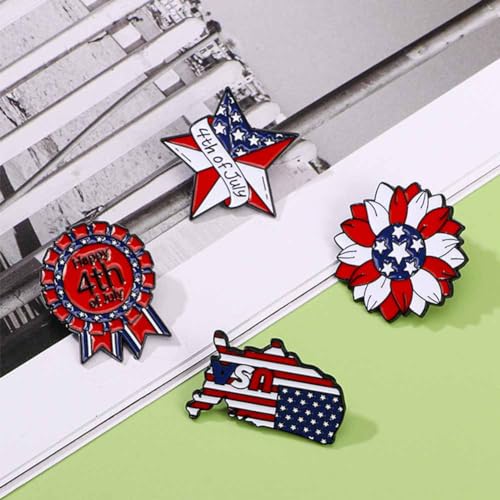 Image of American Flag Brooch Pins 4th of July Brooches for Women Men Red White Blue USA Flower Star Flag Lapel Pins Independence Memorial Day Brooches Patriotic Medal Suit Dress Badge Jewelry Accessories 4 Pcs /set（Style02）
