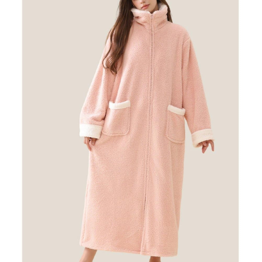 Robes En Polaire Zippées Pour Femmes Confort Chaud, Patchwork Col À Revers Tenue De Détente Longue
