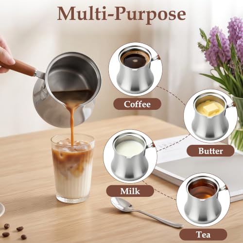 Cafetera turca de acero inoxidable de 550 ml, jarra de leche y mini olla con mango madera 3