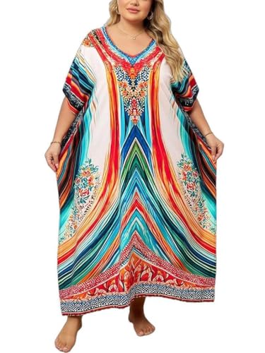 Image of KECVOT Kaftan Dresses for Women V-Neck Print Swimsuit Cover Up Plus Size Beach Caftan Lounge Dress