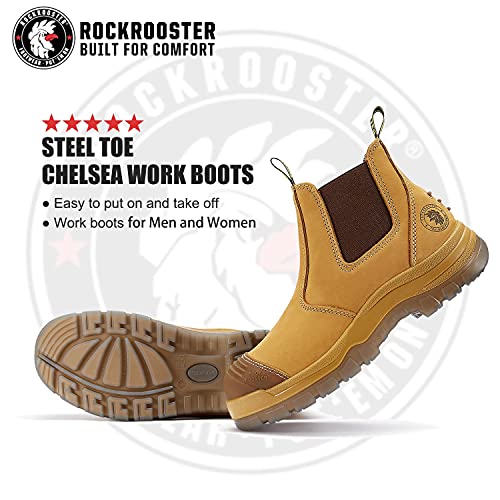 ROCKROOSTER Gammon Work Boots for Men, 6" Steel Toe Chelsea Boots, Wheat Safety Slip On Boots, Anti-fatigue, Nubuck Leather, Non slip, Breathable, Comfort, AK2222