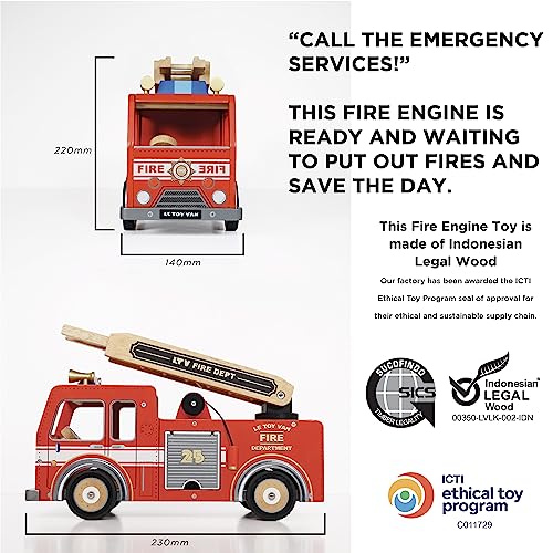 Le Toy Van - Pretend Play Wooden Fire Engine Toy Truck Vehicle Play Set Includes Firefighter Figure and Accessories - Image 4