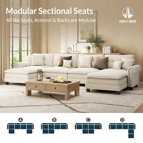 Image of HERA'S HOUSE 150 inch Oversized U Shaped Modular Sectional Couch Living Room | Mid-Century Modern 6-Seater Cloud Sofa, White, Rolled Arms & Nailhead Trim, Wider & Deeper Seats, Ottoman, Chenille