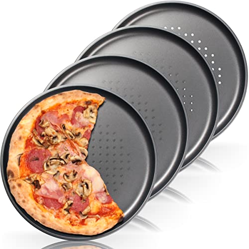 4X Pizzablech ∅ 32 cm Rund, gelocht und antihaft beschichtet für Pizza & Flammkuchen Knusperblech (4er Set) Cover