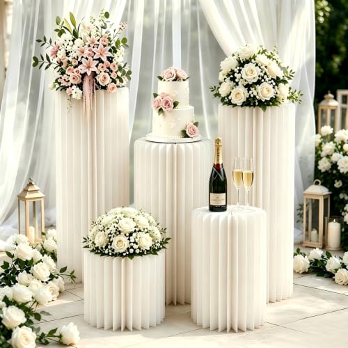 GUYARO Cylinder Stands for Party 5Pcs Round Pedestal Stand Foldable Cardboard Columns Cylinder Tables for Parties Baby Shower Birthday Wedding Pillars Display Decoration (White 5PCS)