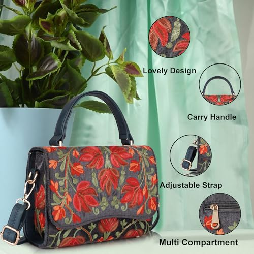 Image of Floral Embroidered Crossbody Sling Bag with Top Handle, Vintage Style Canvas for Women