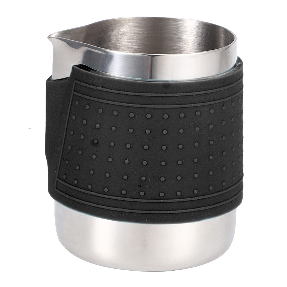 Stainless Steel Milk Frothing Pitcher, 350ml/12oz Steaming Pitchers, Handleless Milk Pitcher, 12oz Milk Frother Cup, Espresso Steaming Pitcher with Round Spout for Barista Coffee Bar (Black)