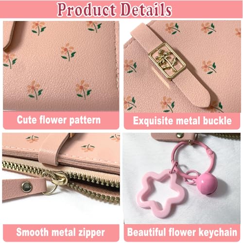 Girls Wallet, Cute Flowers Small Wallet for Kids with Credit Card Holder Cash Slot ID Window Zipper Coin Pocket, PU Leather Purses for Girls Women, with A Flower keychain4