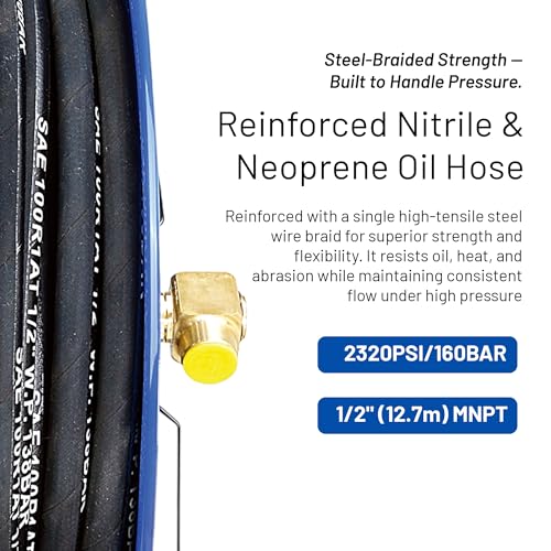 Image of Goodyear Oil Hose Reel Retractable 1 /2 inch Inch x 50' Foot Long Premium Commercial SAE 100R1AT Hose Max 2320 Psi Steel Construction Elite Heavy Duty Industrial Spring Driven Dual Arm and Pedestal