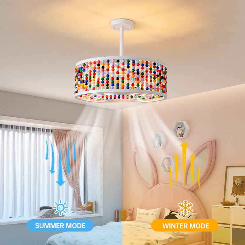 Image of Ceiling Fans with Lights and Remote and Downrod, Caged Ceiling Fan with Handcrafted Beaded Decor 6 Speeds Reversible 19 inches Bulbs Included for Angled Ceiling, Colorful
