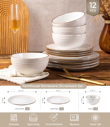 Image of GBHOME Dinnerware Sets for 4, Farmhouse Style Stoneware Plates and Bowls Sets, 12 Pieces Embossed Scratch Resistant Dishes, Dishwasher & Microwave Safe, White