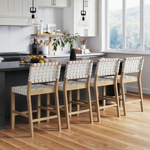 Image of Nathan James Cohen Mid Century Modern Bar Stool, Upholstered Faux Leather Counter Stool with Back and Solid Wood Legs, White, Set of 4