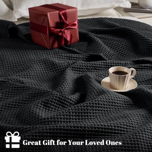 Image of PHF 100% Cotton Waffle Weave Blanket Twin Size 66 inchx90 inch - Lightweight Washed Soft Breathable - Perfect Layer for Couch Bed Sofa - Aesthetic Elegant Home Decoration Gift - Black