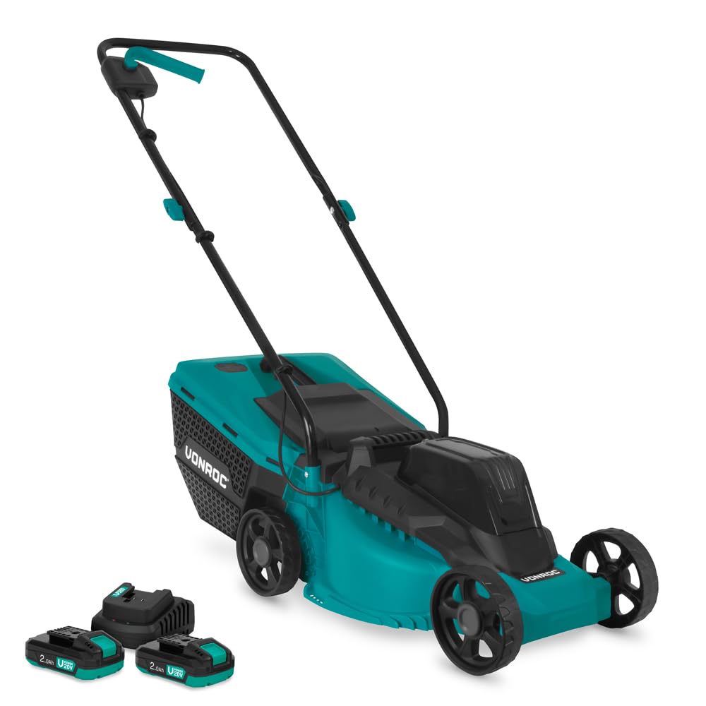 VONROC Kosiarka Akumulatorowa 20V 32cm z Silnikiem Bezszczotkowym, 2x 2.0Ah, 30L Kosz, 3 Wysokości 30-70mm, Lekka Kosiarka Bezprzewodowa do Małego Ogrodu (2x aku 2.0Ah i ładowarka)