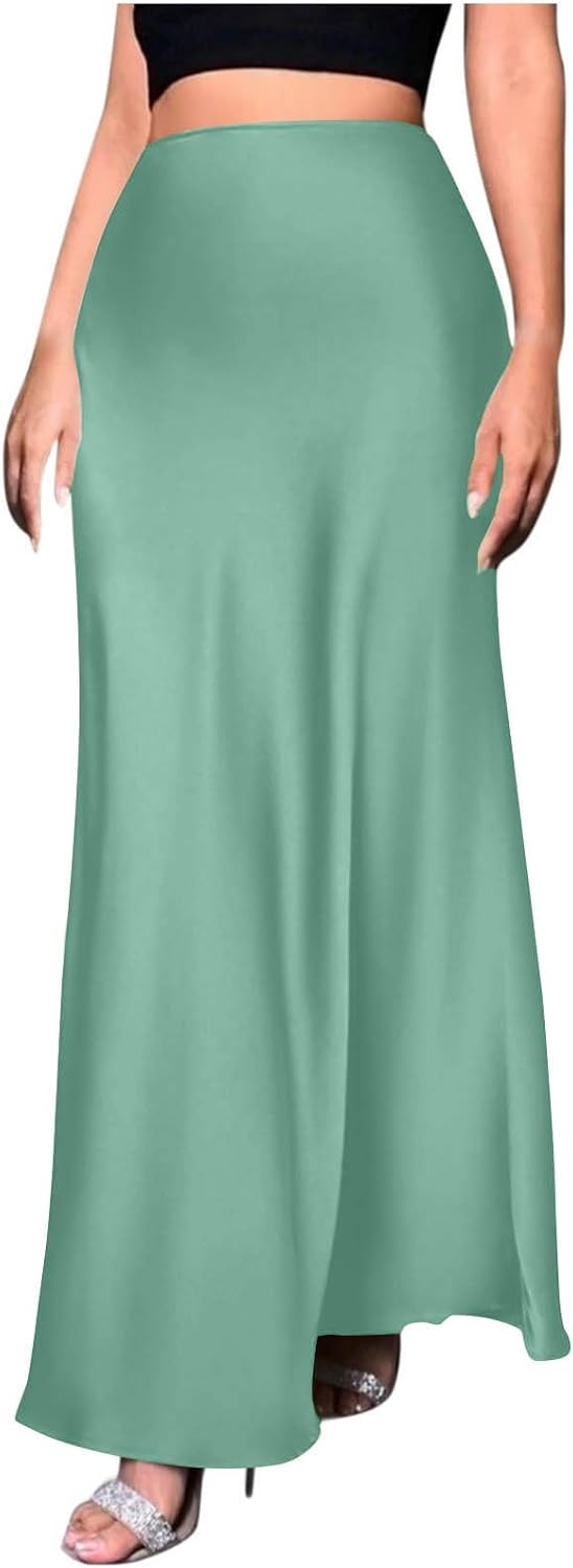 Women's Elegant Satin Skirt High Waisted Flowy Work Mermaid Maxi Skirt A-Line Long Skirts Cocktail Party Outfits
