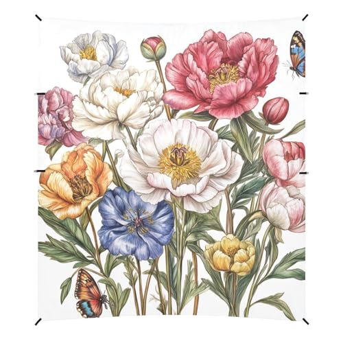 Summer Flowers Flower Butterflies Foldable Beach Canopy UPF50 Lightweight Sun Shade with Sand Pockets for Camping, Picnics, Backyard