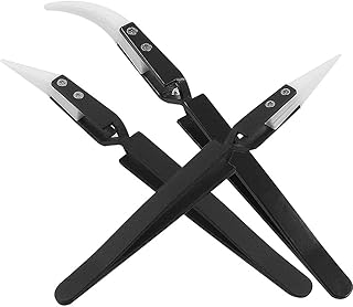3pcs Stainless Steel Anti-Static Ceramic Solder Tweezers Non-Conductive, Highly Heat Resistant, Anti-Magnetic Straight Curved Tips Precision Tweezers for Electronic Soldering Tool