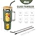 WINSA Glass Tumbler with Lid and Straw, 46 oz Iced Coffee Cup with Handle, Large Water Bottles with Silicone Sleeve, Glass Cup with Straws - Pearl Straw & Drinking Straw BPA Free-Olive