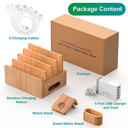 Bamboo Charging Station For Multiple Devices (Included 5 Port Usb Charger, 6 Pack Charge & Sync Cable, Watch&Earbuds Stand), Electronic Device Desktop Organizer For Cellphone, Tablet, Watch, Earbuds #TOP1