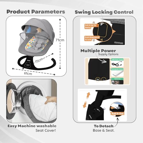 Image of Electric Baby Swing Rocker with Bluetooth Music, Remote Control, 5-Point Safety Harness, Soft Cushion, Mosquito Net & Canopy, Infant Swing for 0-12 Months (Grey)