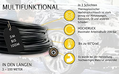 Ikodm Tubo Per La Pulizia Dei Tubi, 10 M, 180 Bar, 60 &deg;C, Set Professionale Per Idropulitrice Ad