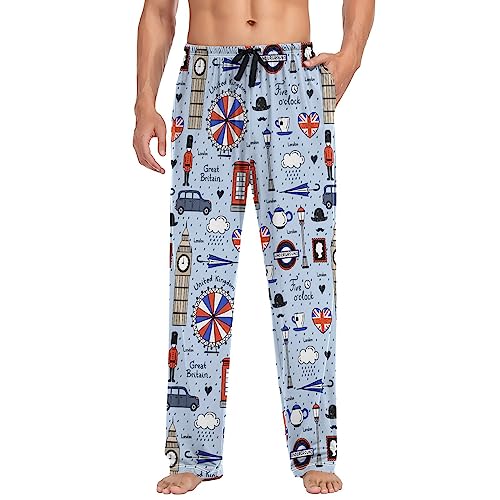 Men's Pajama Pants Super Soft Retro English London Sleep Lounge Pants Pjs Bottoms with Pockets