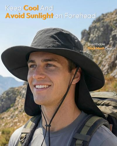 Image of Sun Hats for Men Wide Brim Bucket Hat with Neck Flap for Fishing & Hiking Mens Sun Hat for UV Protection