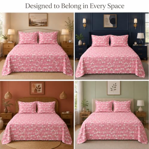 Image of BSB HOME 240 TC Cotton King Size Bedsheet, Premium Soft Breathable Floral Printed Double Bed Sheet, Bed Cover for Bedroom, Durable Bedding, 90 x 100 Inches (229 x 254 cm) - Blush Pink