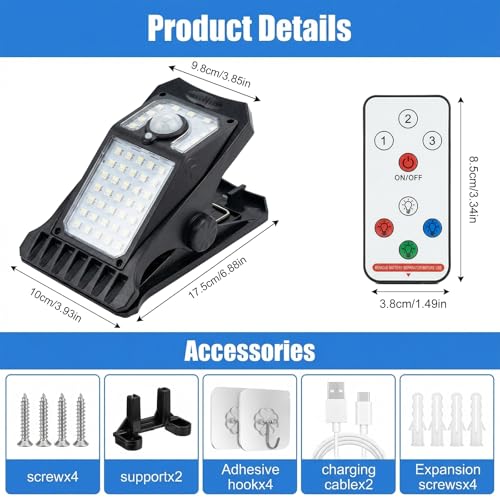 Luces solares para jardín con clip grande y control remoto de valla 4