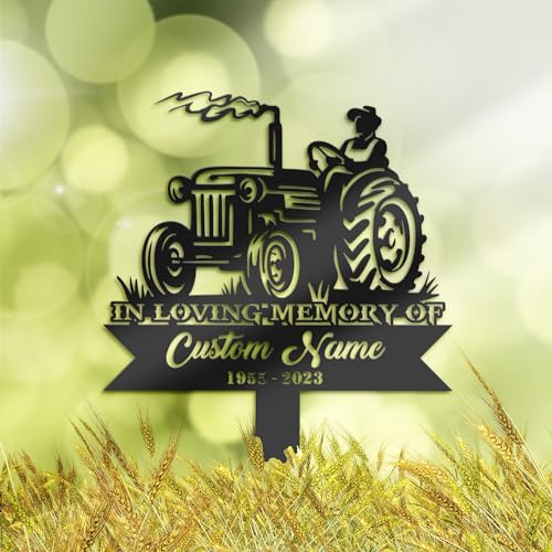 Lwyguut Personalized Farmer on Tractor Metal Memorial Garden Stake, Headstones for Graves, Grave Decorations, Remembrance Stake, Farmer Memorial Plaque