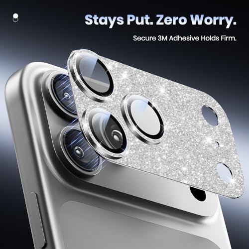 Image of Hoerrye for iPhone 17 Pro Max Camera Lens Protector - [12FT Shatterproof Military Grade] [Strong Adsorption] Metal 9H+ Tempered Glass Camera Screen Full Cover Case Friendly,Glitter Silver