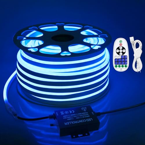 Image of 45m Neon LED Rope Lights Outdoor Waterproof 150ft AC110V~130V Blue Neon LED Flexible Rope Lights with Dimmable Controller LED String Lights Strip for Outside Bedroom Garden Building Yard Decor