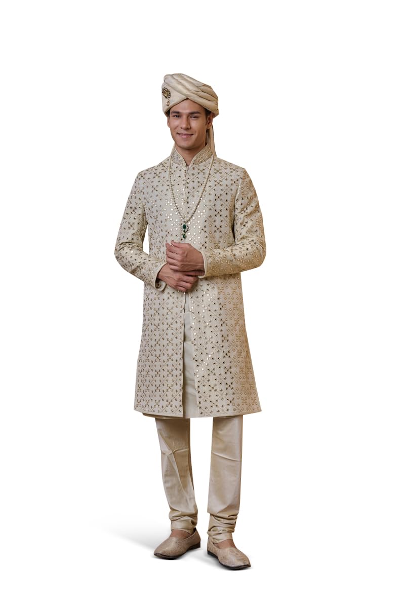 Gold Sherwani With Patra Embroidery Detailing For Men-image-23