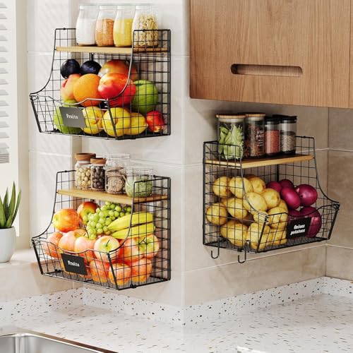 3 Pack Fruit Basket for Kitchen with Wood Lid - Counter&Wall Mounted Onion and Potato Storage with Nameplate, Stackable Storage Basket, Hanging Metal Wire Baskets,11.5 * 10.63 * 8.66 Inch