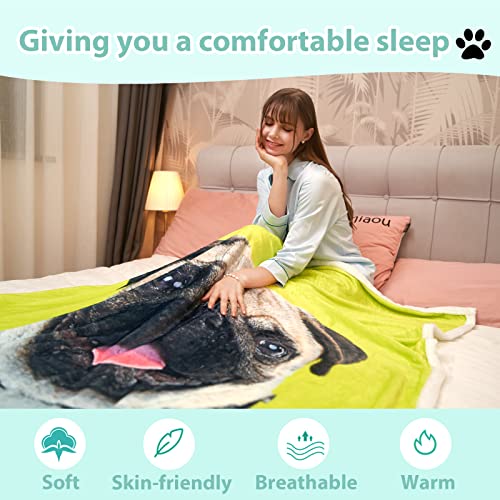 Anamee Pug Throw Blanket, Pug Gifts For Pug Lovers Cartoon Pug Dog Printed Sherpa Blanket For Mom Kids, Dog Lover Gifts For Women Adults Pug Pet, Soft Warm Plush Blanket For Bed Couch #TOP2