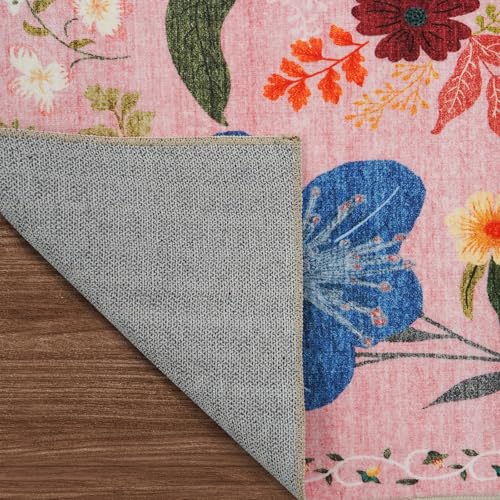 RUUGME Washable 9x12 Area Rug - Large Boho Rugs for Living Room Kitchen Stain Resistant Carpet Vintage Tribal Rugs for Bedroom with Non Slip Backing Floor Decoration Mat 9x12 Flower Pink