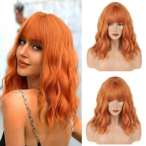 Gairyan Short Ginger Wigs for Women 14 inch Bob Wig with Bangs Natural Curly Wigs Wavy Hair Wig Shoulder Length Heat Resistant Synthetic Colorful Wigs for Cosplay Party Daily Wear