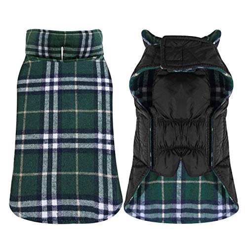 Reversible Cozy Dog Winter Coat Waterproof Windproof British Style Plaid Warm Vest Clothes Apparel for Winter Cold Weather Outfit Soft Sweater for Small Medium Large Dogs - Green (M)